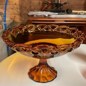 Vintage Indiana Glass Co Golden Amber Pedestal Compote Fruit Bowl 12" 1960s